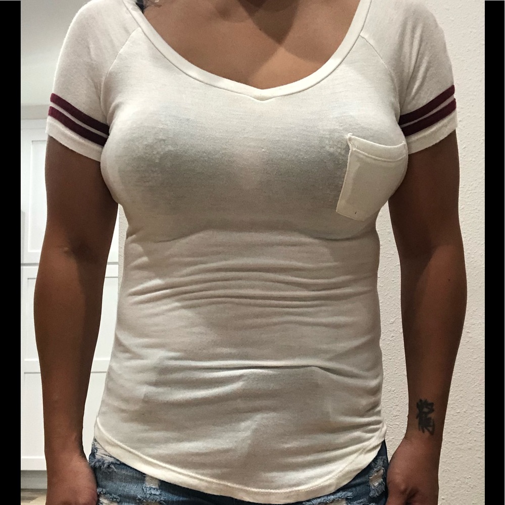 White Tee with Red Sleeve Stripes // Size S